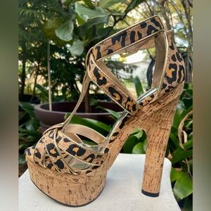 BEBE  CORK  T-STRAP  PLATFORM STILETTOS  LEOPARD. — SIZE 6.5